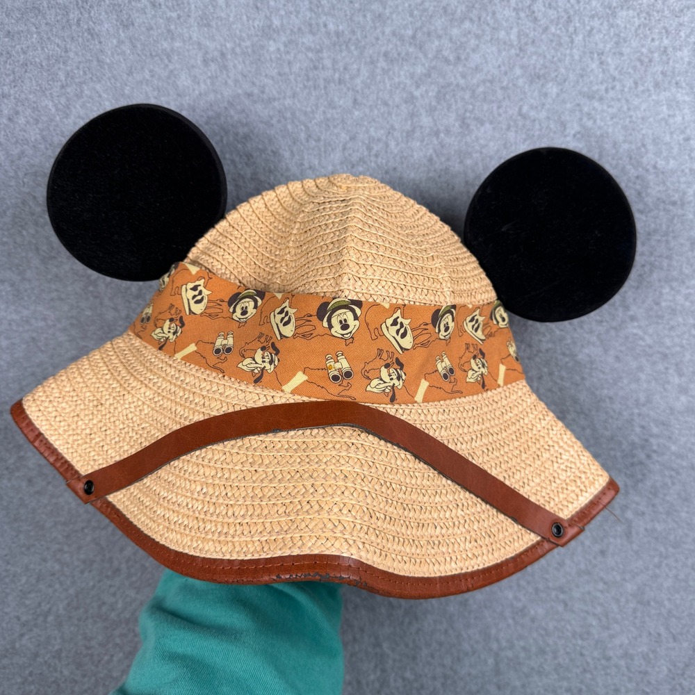 Disney Parks Safari Sun Hat Adult 55cm Tan Mickey Mouse Ears Woven Explorer